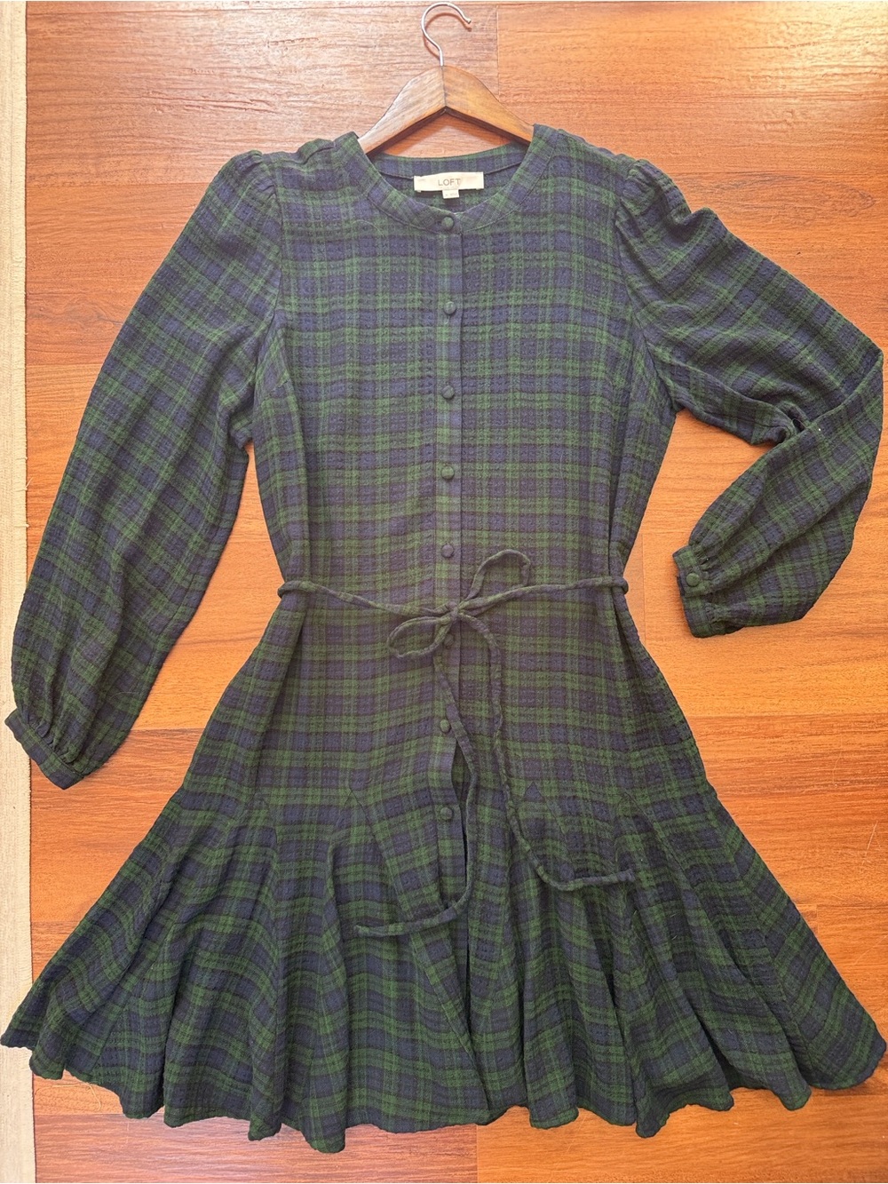 LOFT Black & Green Plaid Long-Sleeve Button Dress